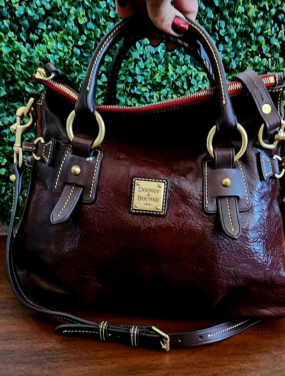 Dooney & Bourke Dark Brown Leather Satchel with Gold Hardware